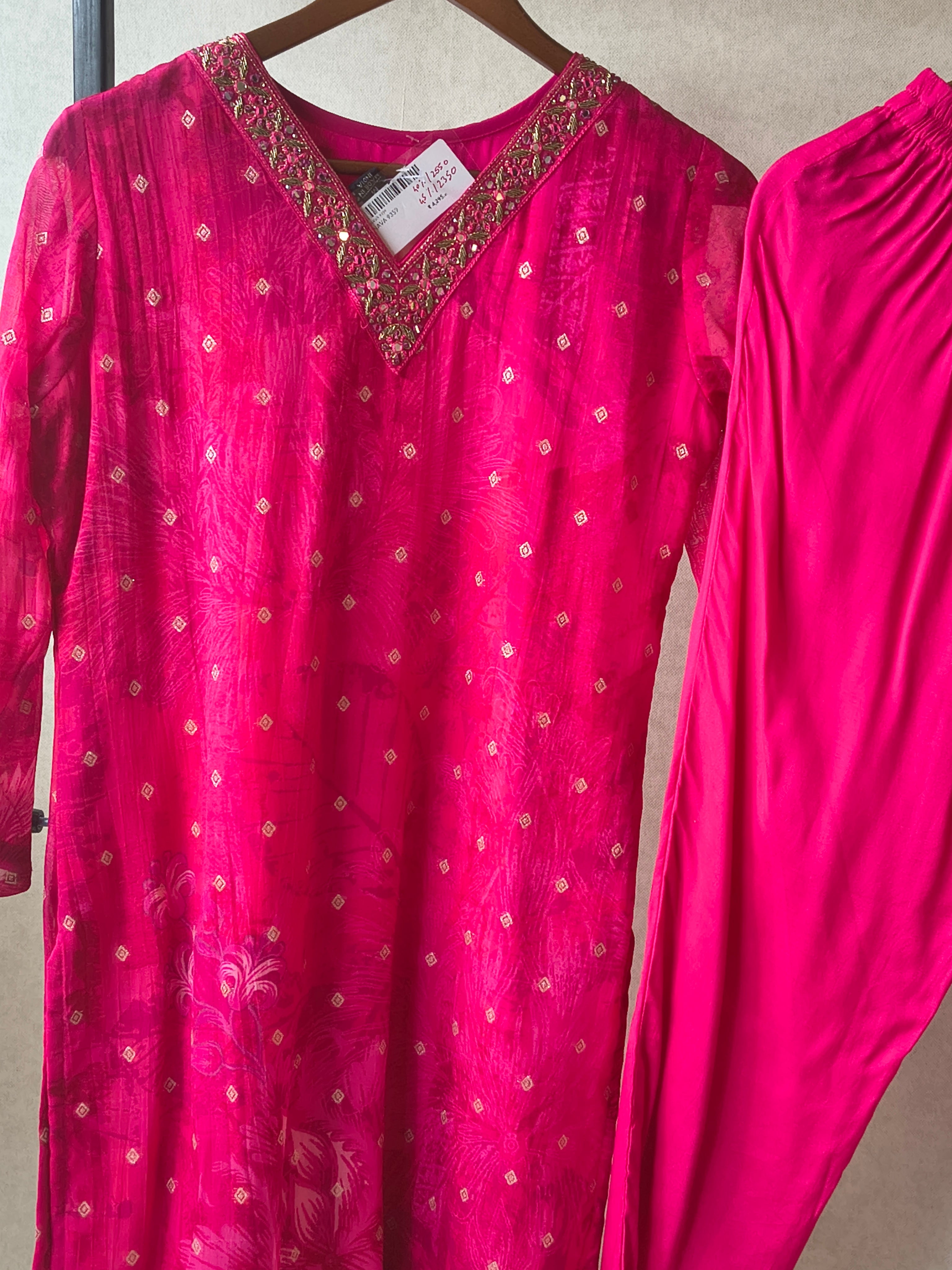 Image of Premium Fuchsia Floral Printed Straight Kurta with Cigarette Pants & Dupatta Set