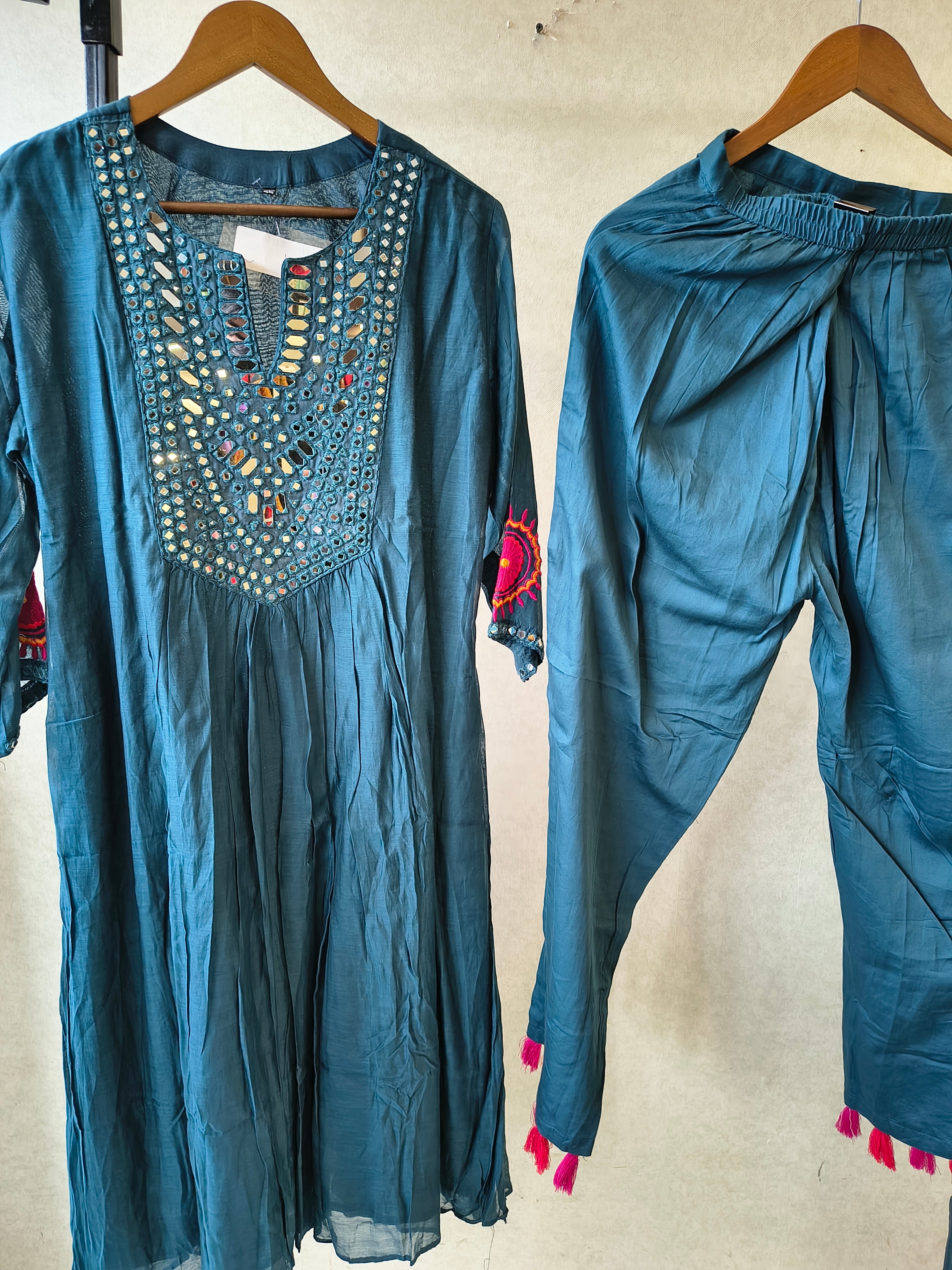 Image of Teal Blue Mirror Work Embroidered Kurta Set with Dupatta | Premium 3 Piece Ethnic Suit