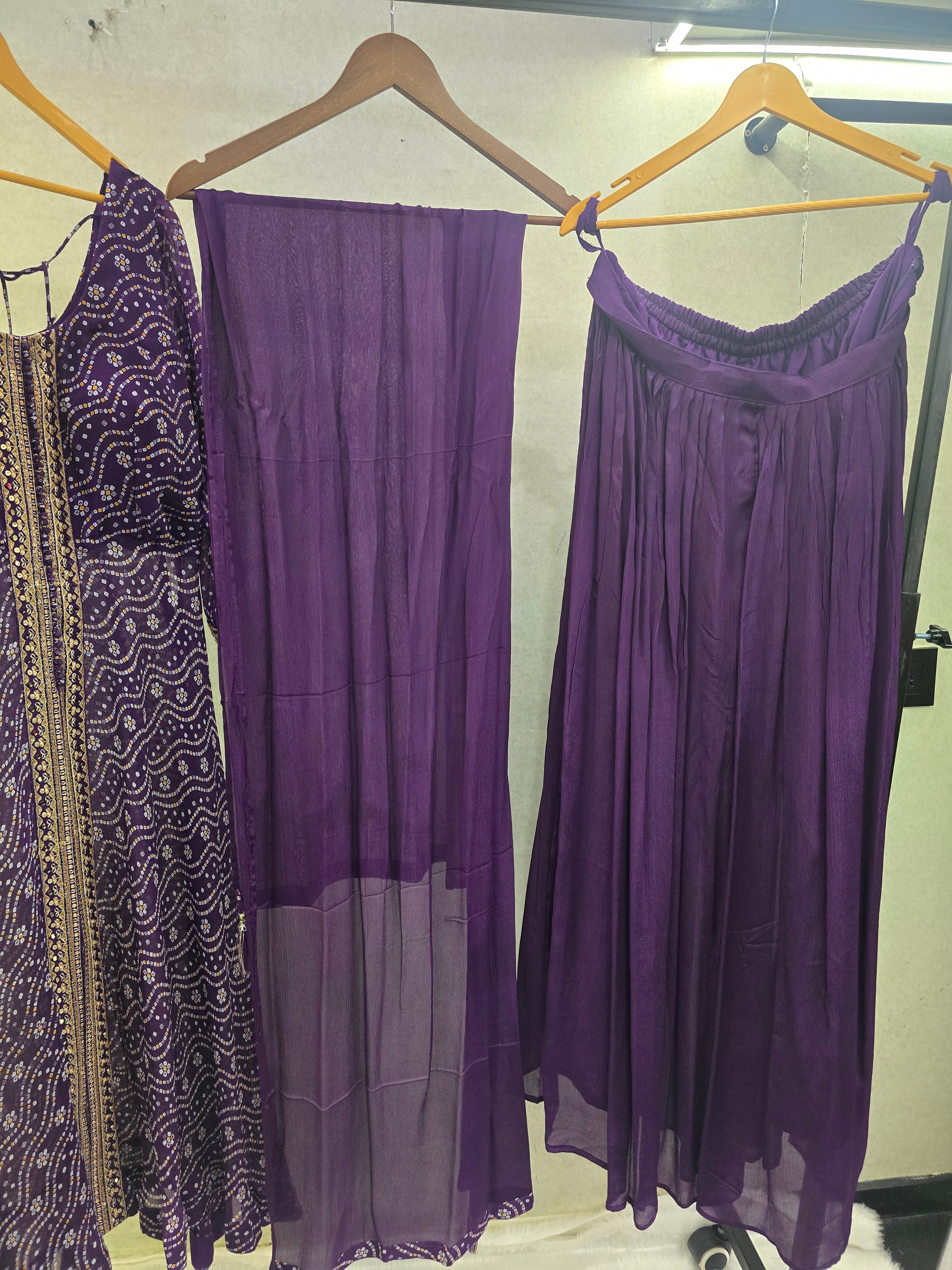 Image of Royal Purple Bandhani Print Anarkali Kurta Set with Embellished Front Panel & Flared Palazzo | Premium 3 Piece Festive Ensemble