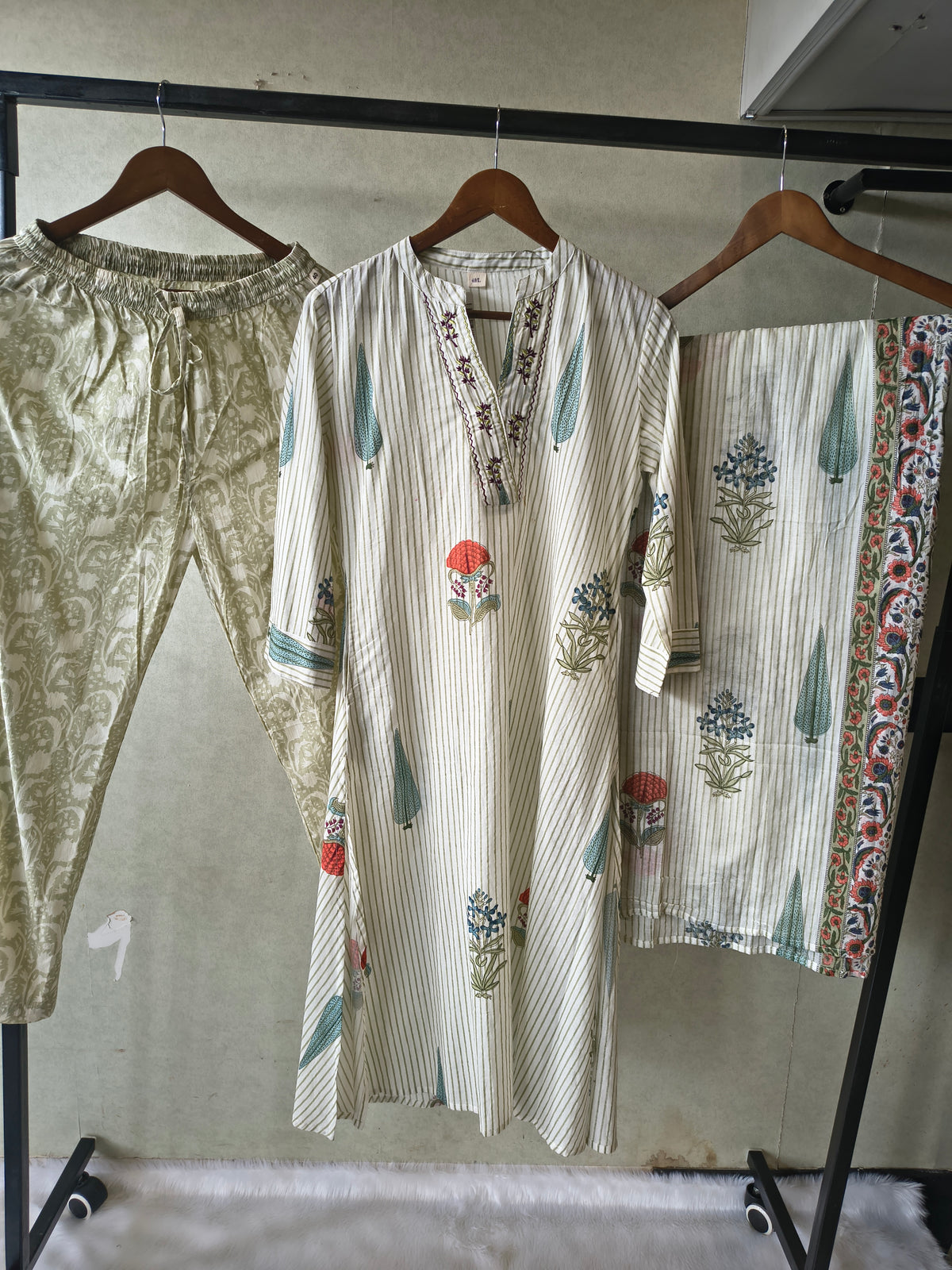 Premium Ivory Handblock Printed Cotton Straight Kurta Set with Printed Pants & Dupatta