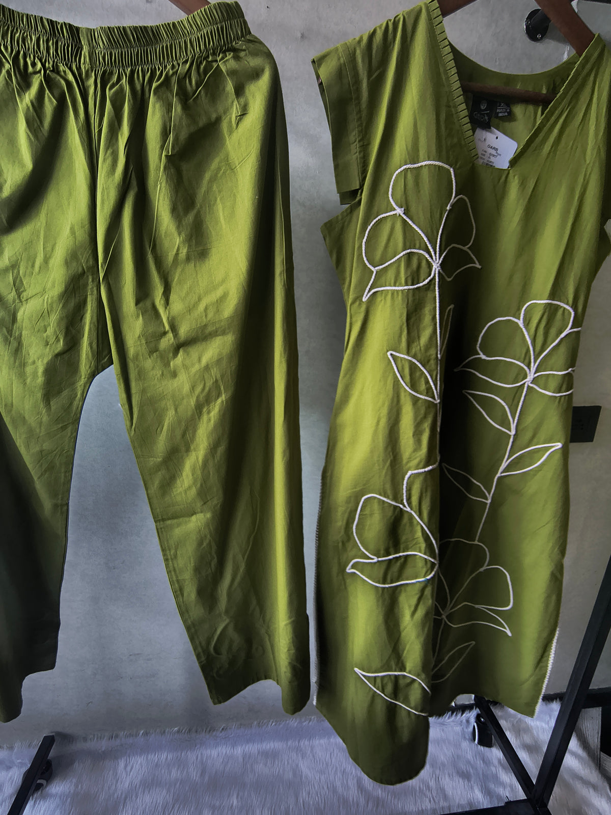 Olive Green Cotton Co-Ord Set with Abstract Floral Cord Embroidery
