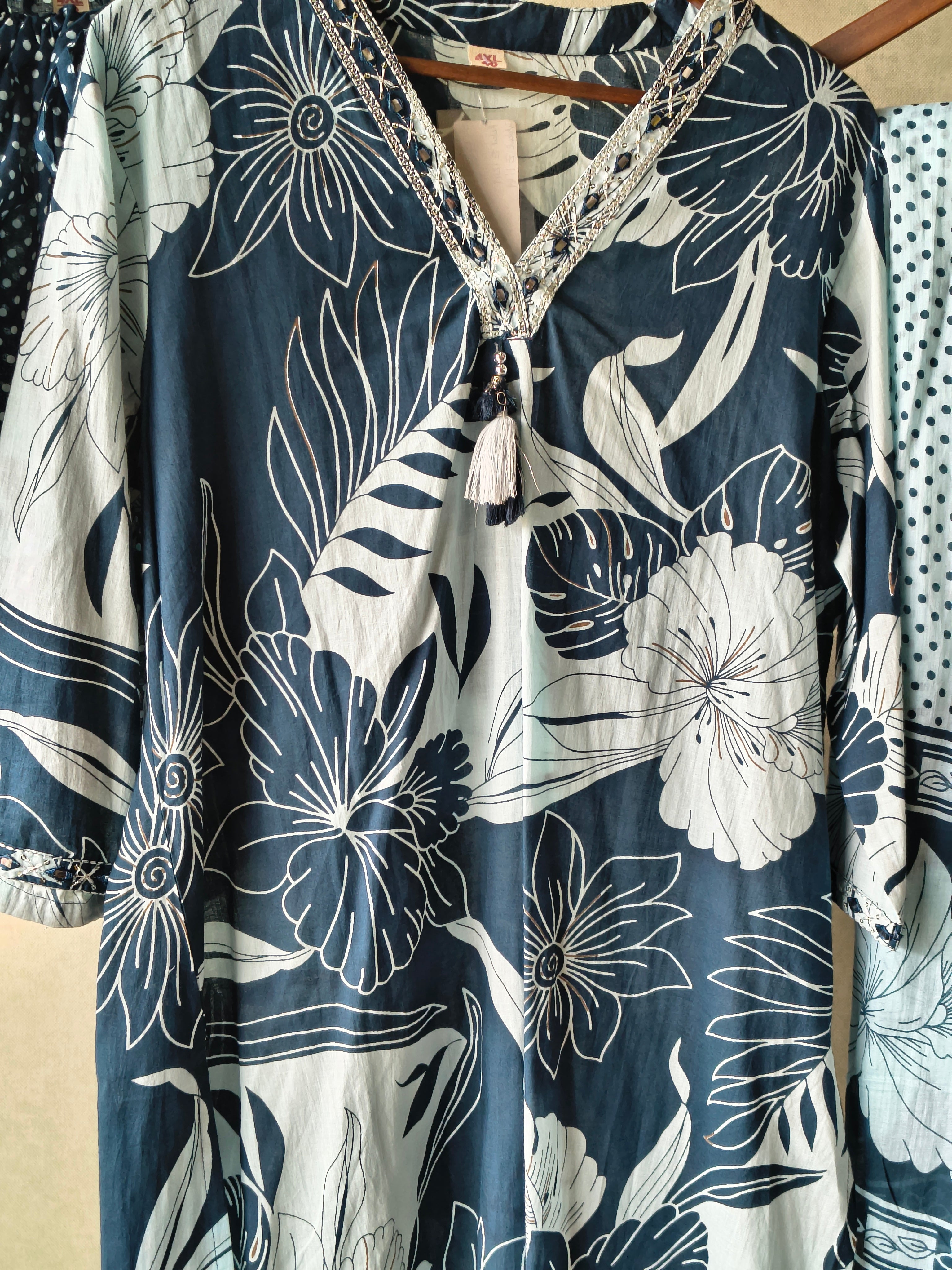 Image of Premium Navy Blue Floral Printed Kurta Set with Polka Dot Pants & Printed Dupatta