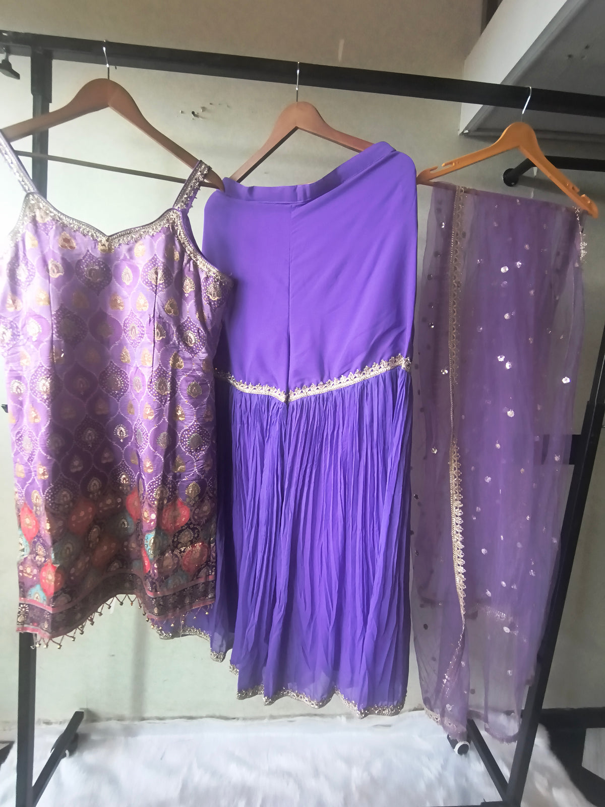 Lavender Brocade Kurti Sharara Set with Sequinned Dupatta – Premium 3 Piece Festive Ensemble