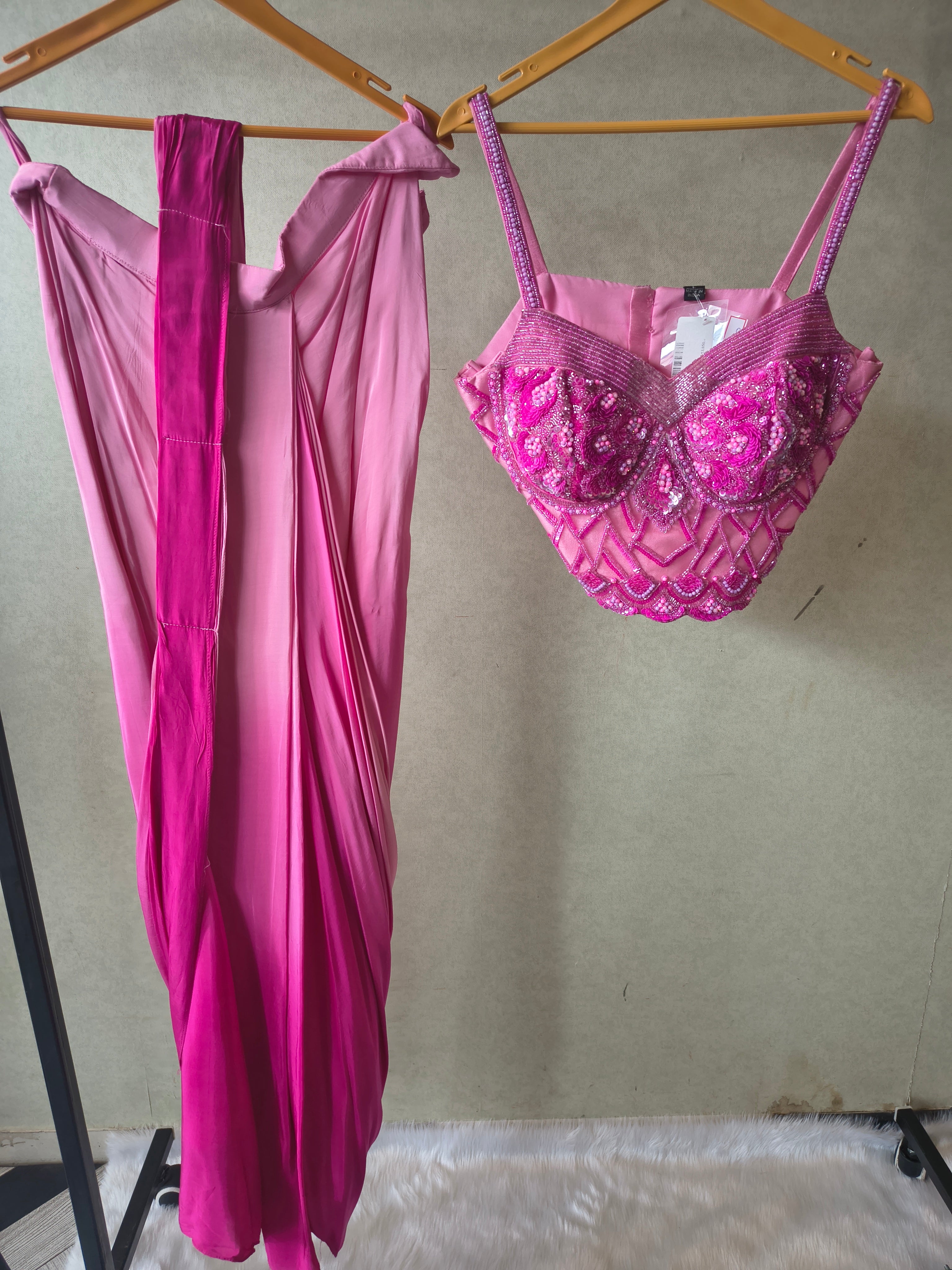 Image of Premium Ombre Pink Satin Saree with Hand Embroidered Designer Blouse