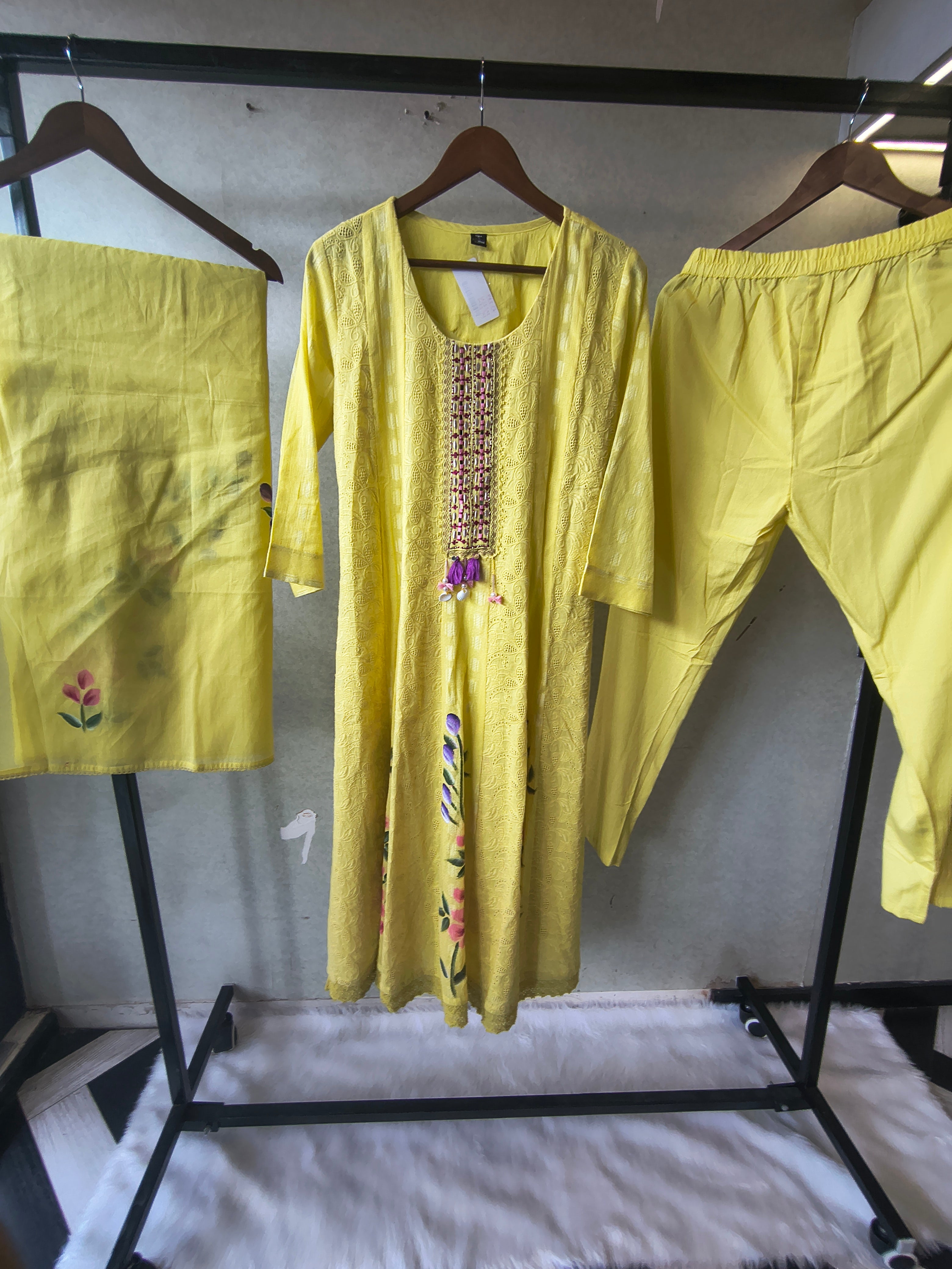 Image of Premium Sunshine Yellow Schiffli Embroidered Kurta Set with Floral Handwork & Dupatta