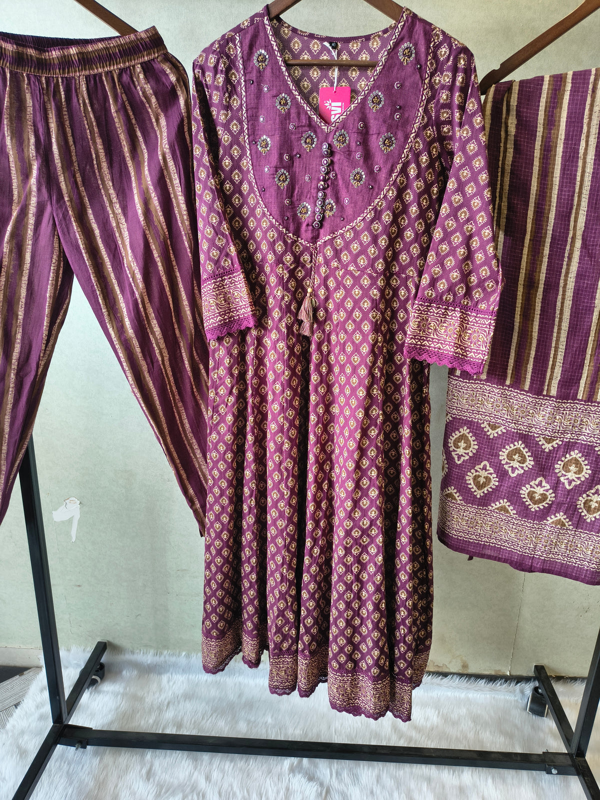 Plum Printed Cotton Anarkali Suit Set with Striped Pants & Dupatta