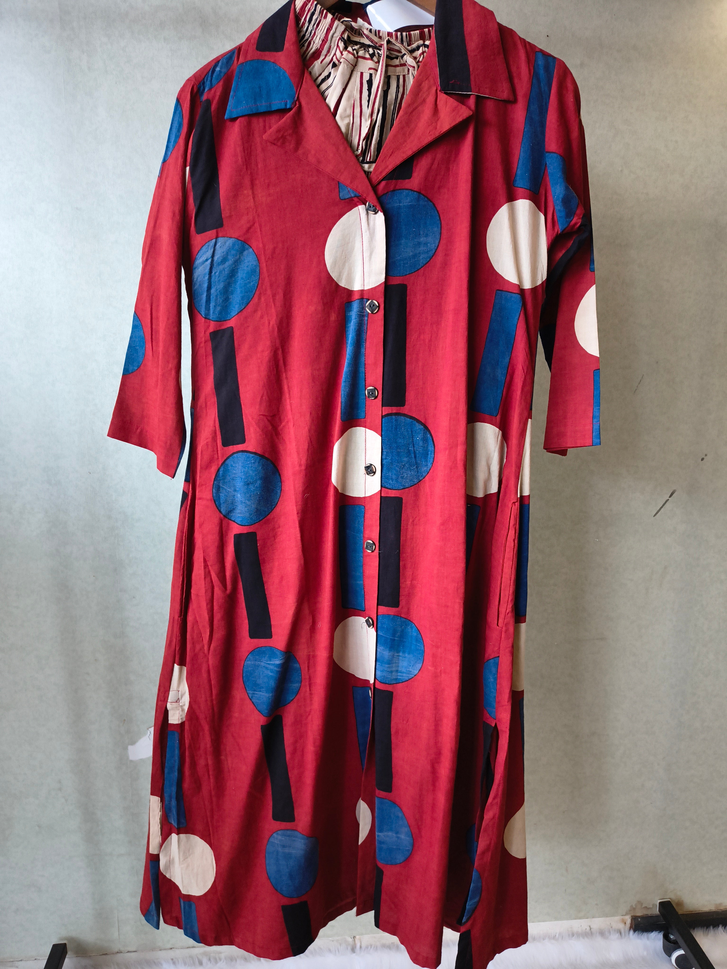 Image of Premium Rust Red Abstract Printed Shirt Kurta with Striped Relaxed Pants Co-Ord Set