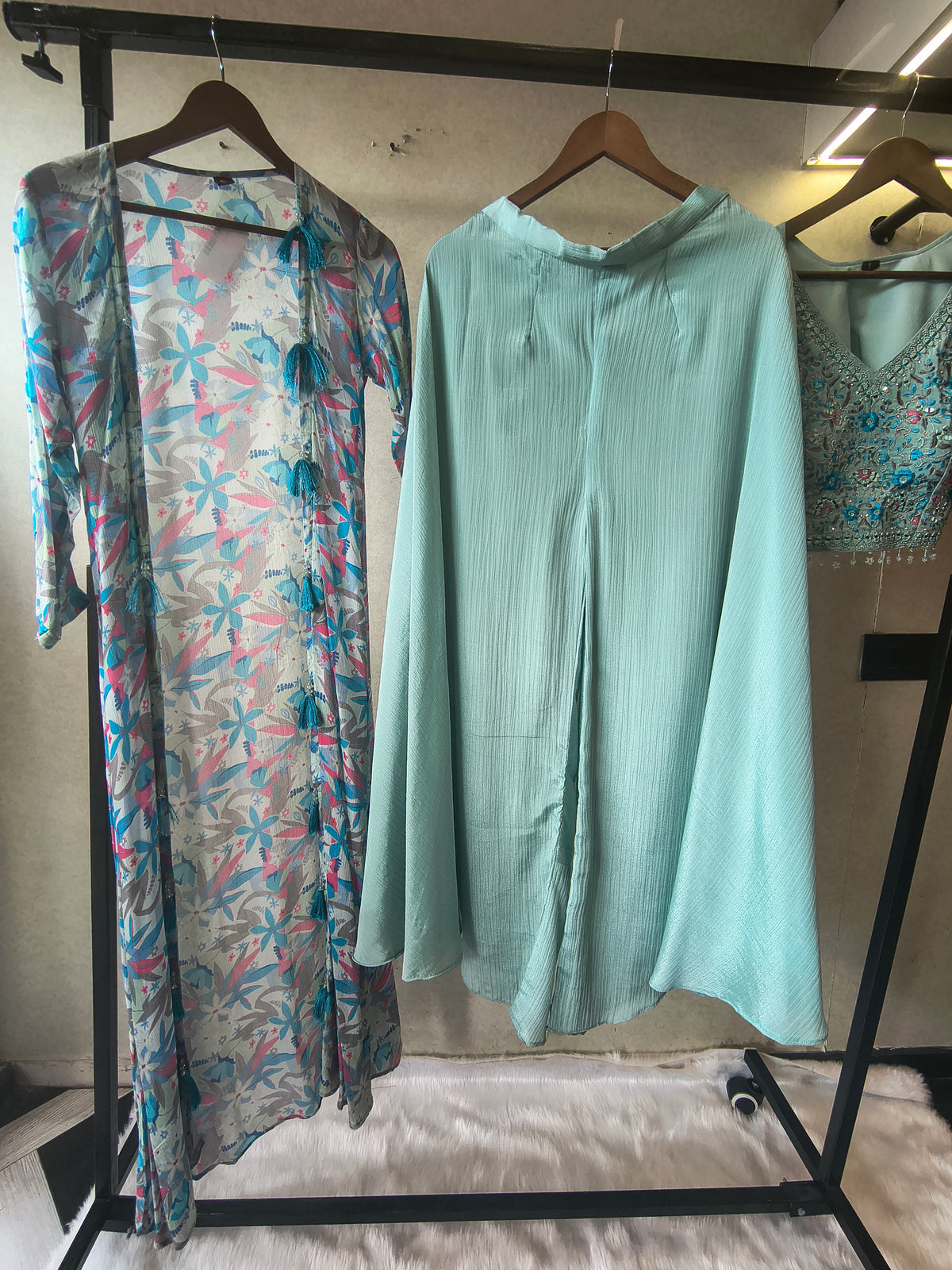 Powder Blue Mirror Embroidered Blouse with Drape Palazzo & Printed Tassel Dupatta – Designer 3 Piece Indo-Western Set