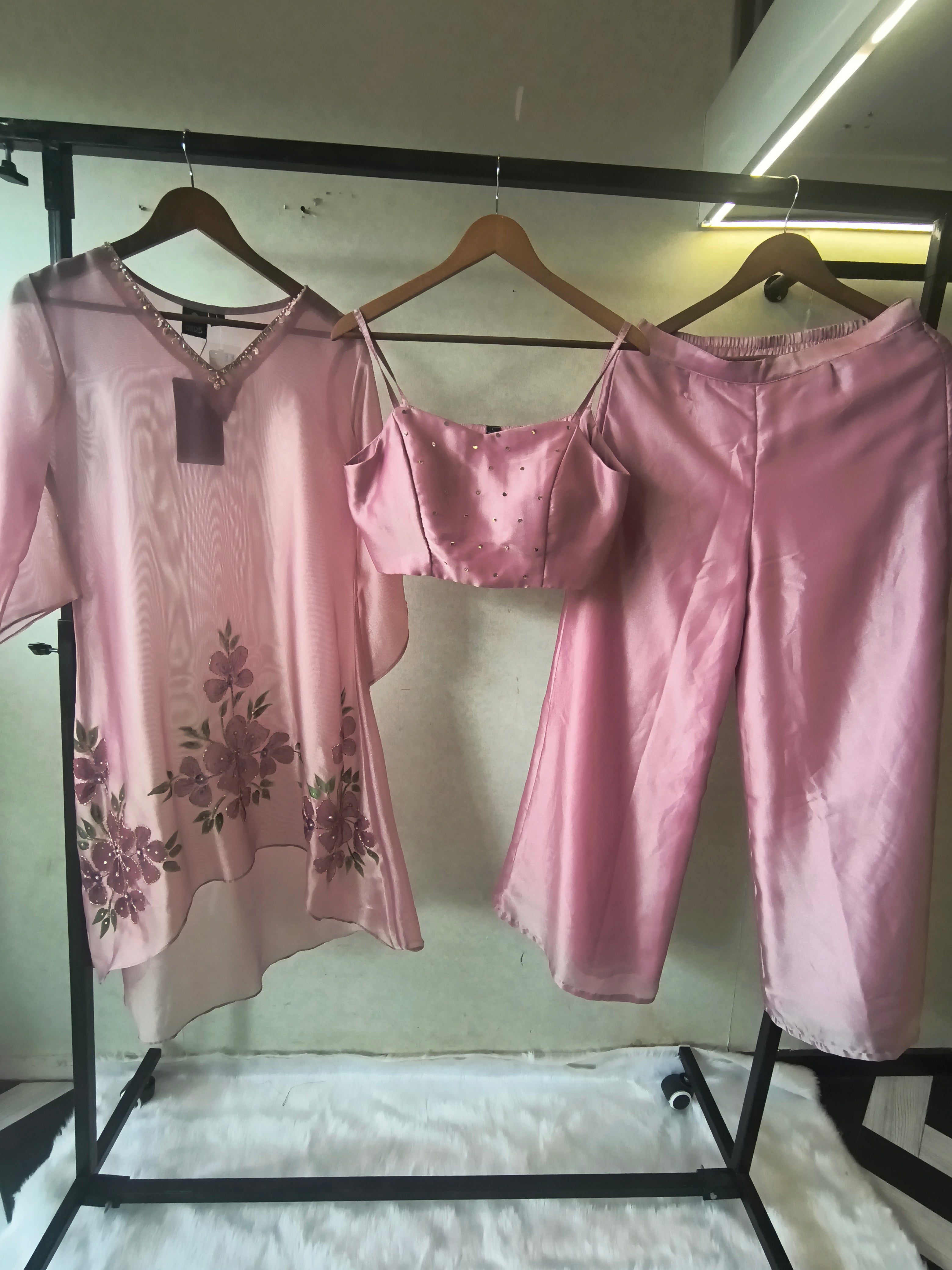 Image of Blush Pink Floral Embroidered Kaftan Co-ord Set with Hand-Painted Cape, Embellished Blouse & Palazzo