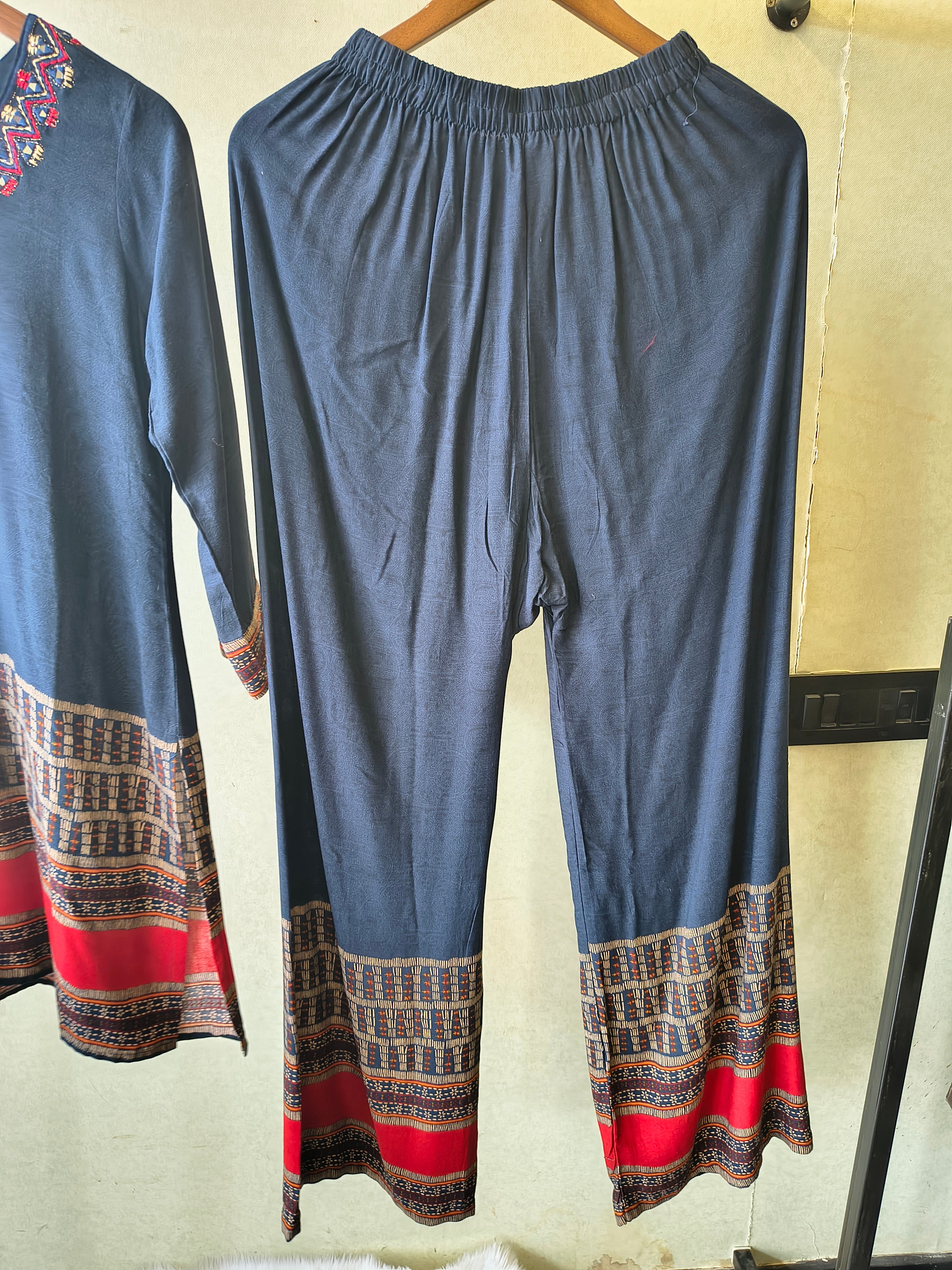 Image of Navy Blue Ethnic Border Designer Co-Ord Set with Embroidered Neckline