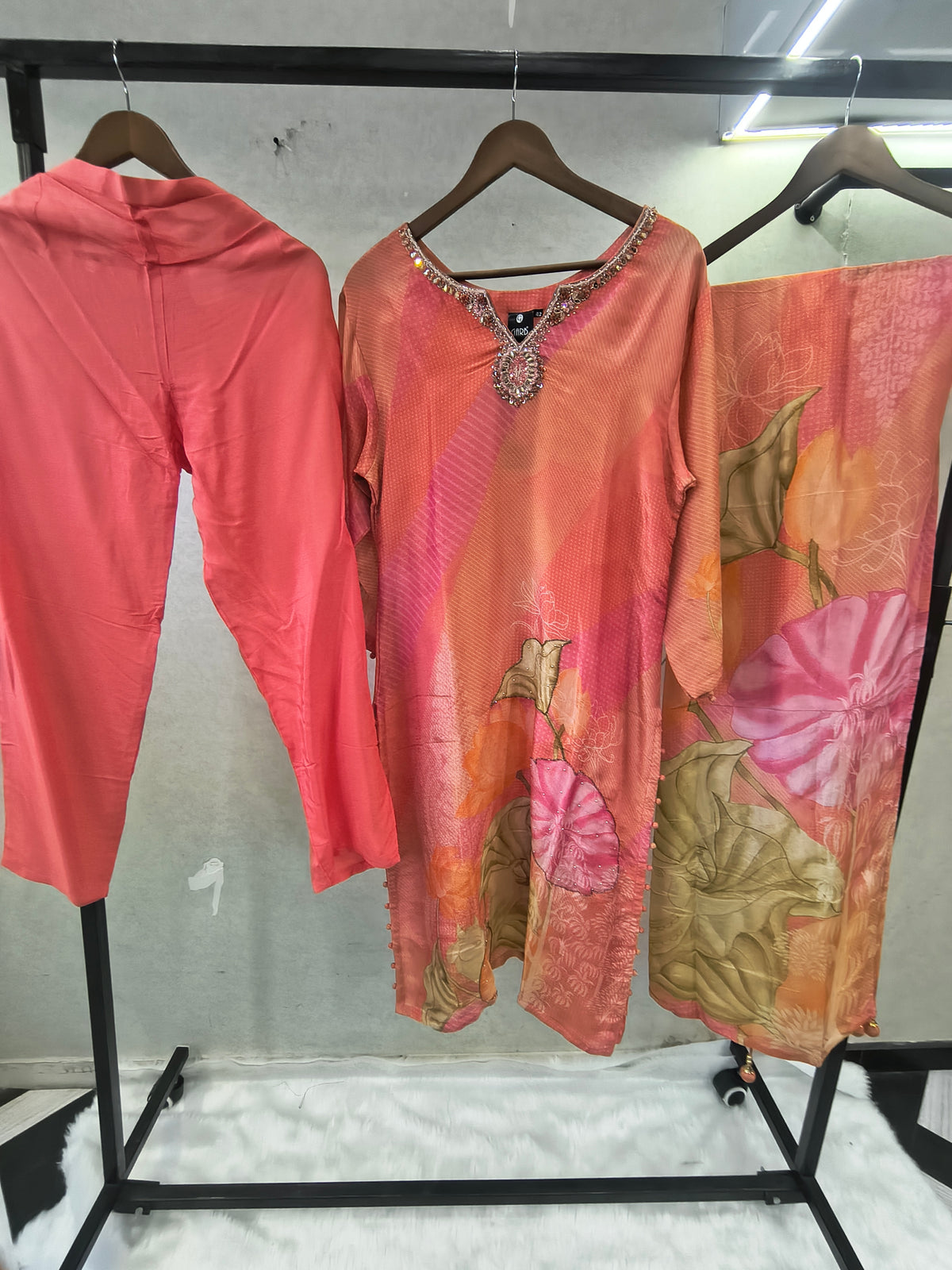 Coral Pink Floral Printed Designer Kurta Set with Embellished Neckline & Printed Dupatta | Premium 3 Piece Festive Ensemble