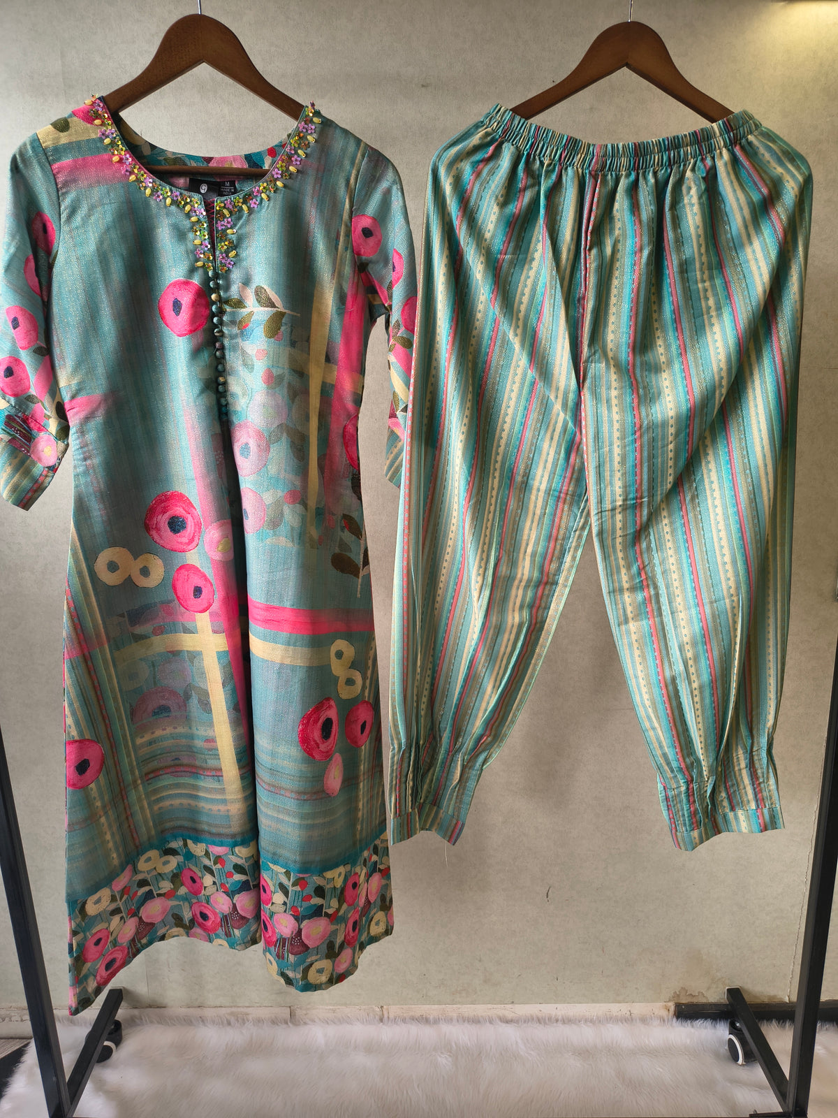 Premium Aqua Blue Artistic Printed Kurta with Striped Pants Co-Ord Set