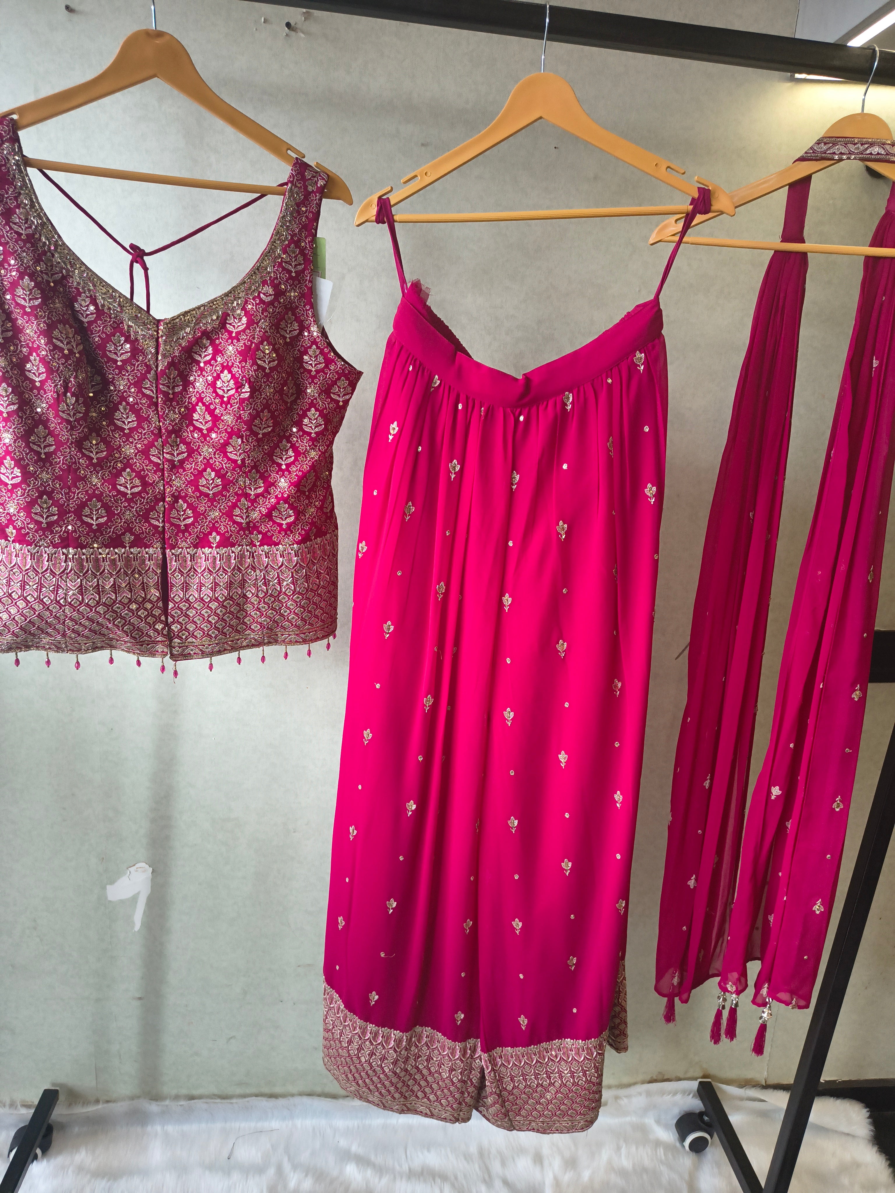 Image of Rani Pink Zari Woven Blouse with Flared Palazzo & Embellished Dupatta – Designer 3 Piece Festive Set