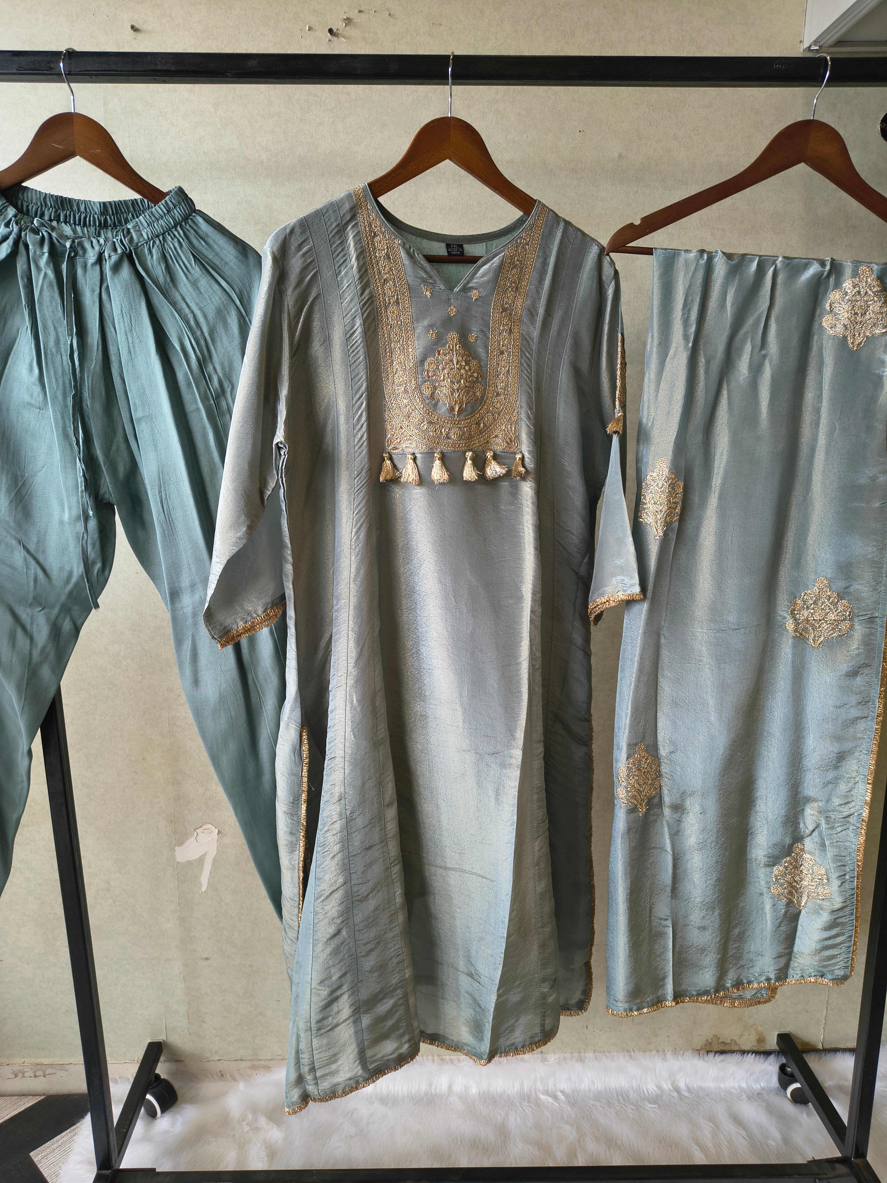 Image of Premium Sage Blue Embroidered A-Line Kurta Set with Dupatta