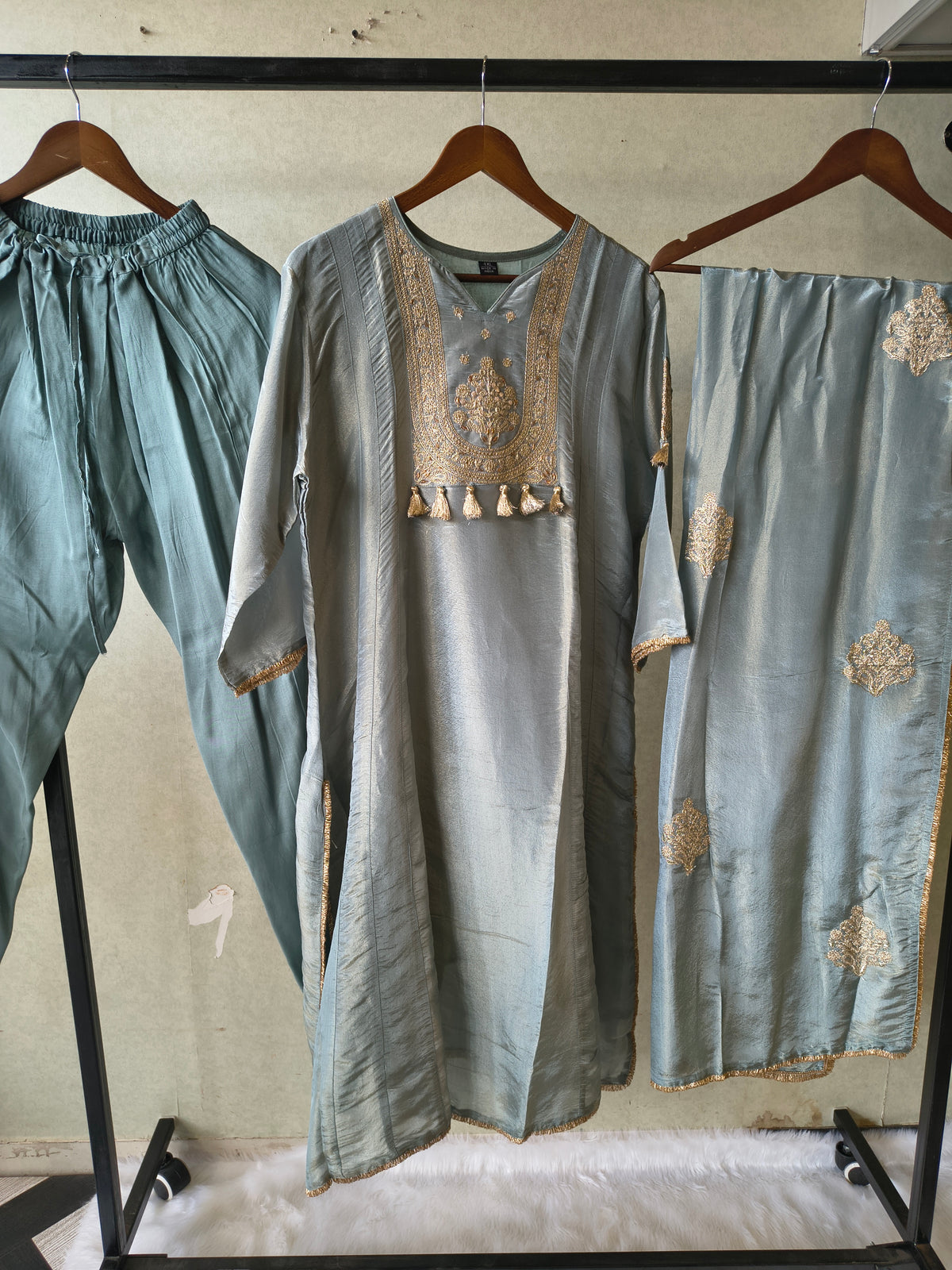 Premium Sage Blue Embroidered A-Line Kurta Set with Dupatta